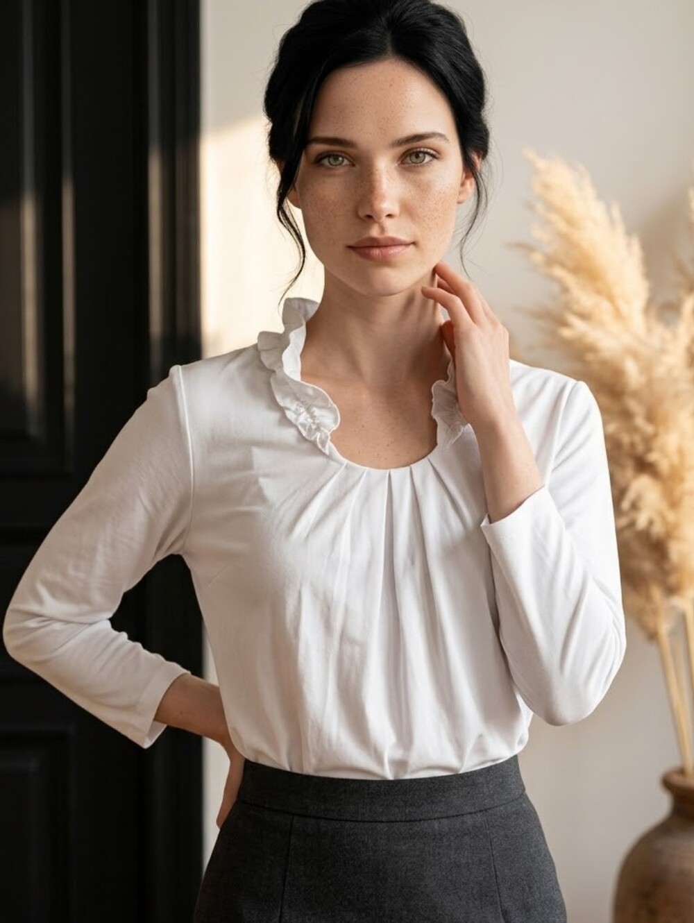 J. Mclaughlin Women's White Ruffle-Neck Long Sleeve Blouse